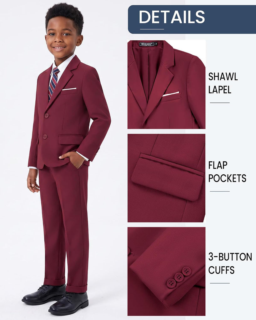 Boys' Formal Slim Fit Suit,5 Piece Suit Set,Jacket,Adjustable Waist Pants,Dress Shirt,Ties