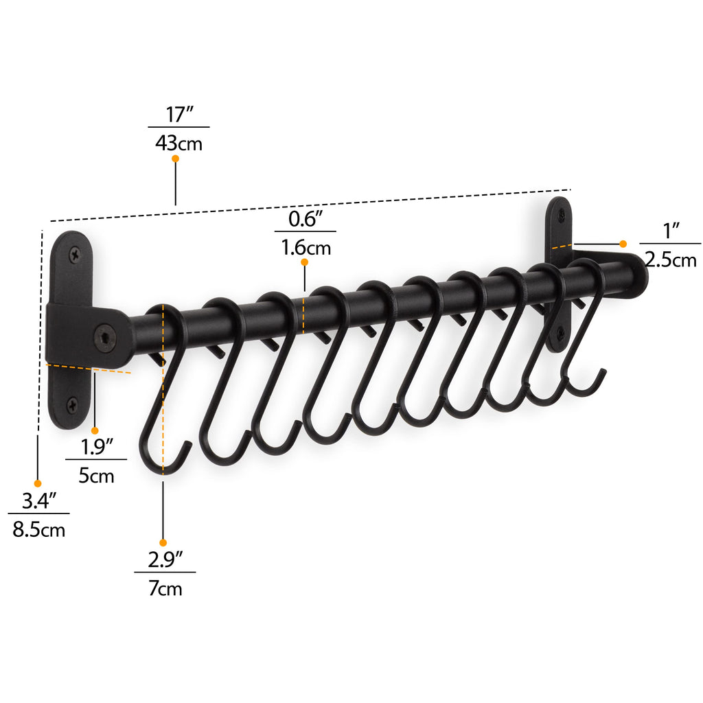 Lyon Kitchen Rail with 10 Utensil Holder S Hooks for Hanging Kitchen Utensils Set and Cookware, 17" Frosty Black