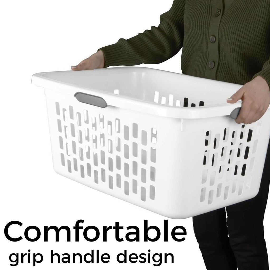 Large Plastic Laundry Basket, 70L, White, Ventilated, with Grip Handles, Rectangular Cloths Hamper