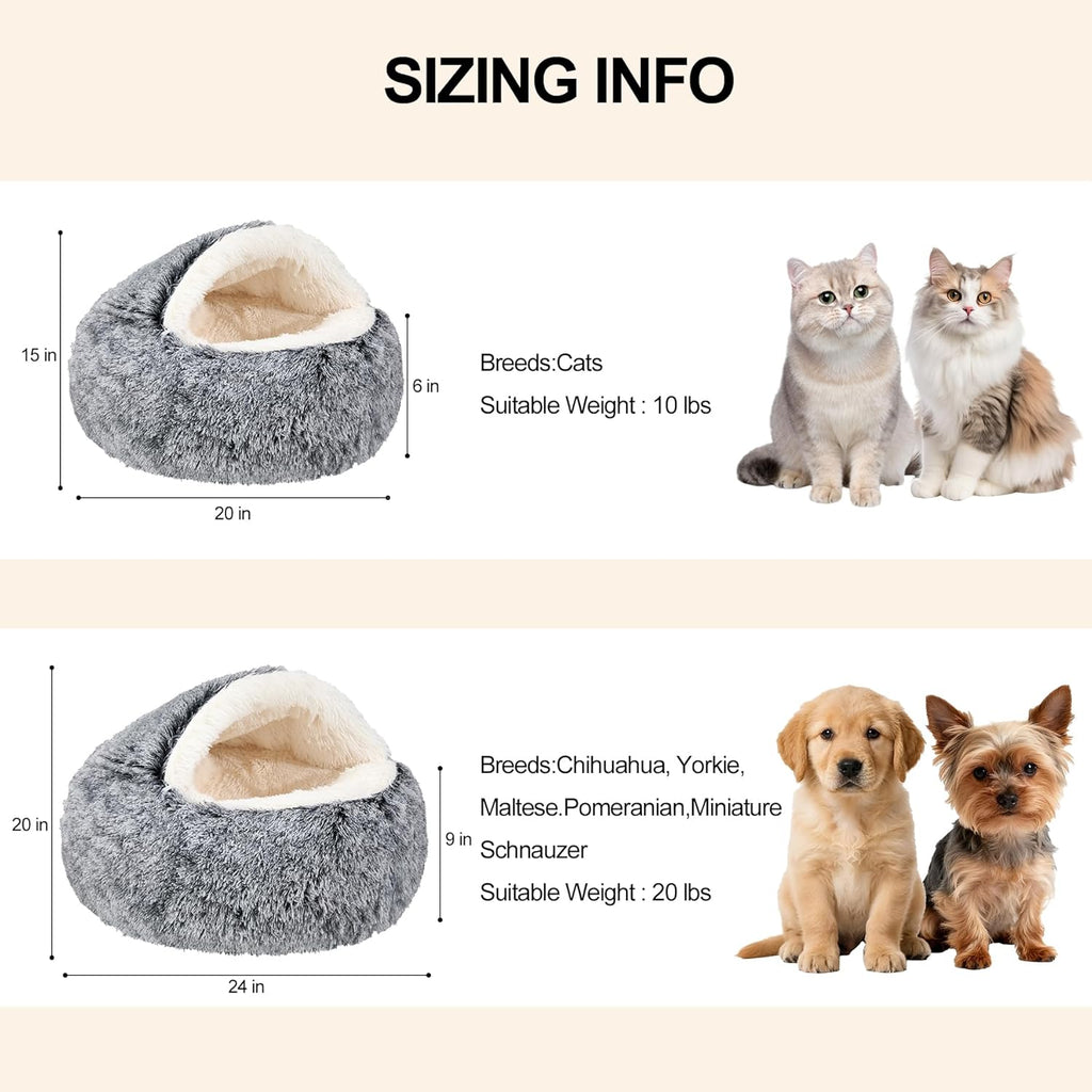 Calming Dog & Cat Cave Bed With Hooded Cover, Removable Washable Round for Small Medium Pets