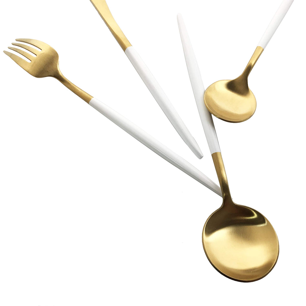 Silverware Set, Hand polished Matte Gold White Flatware Cutlery Set Service for 2, Satin Finish 10 Pieces 18/10