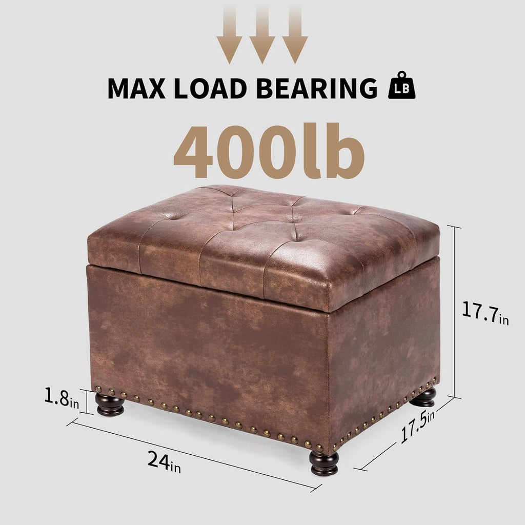 Leather Storage Ottoman, 24" Rectangle Tufted Square Upholstered Bench, Foot Rest Stool with Wood Legs, Footstool