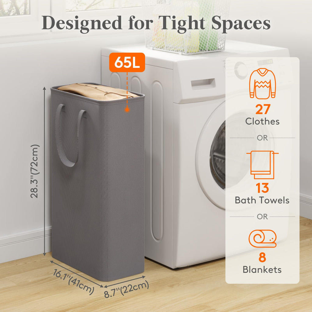 Slim Collapsible Laundry Basket with Handles, 65L, Grey