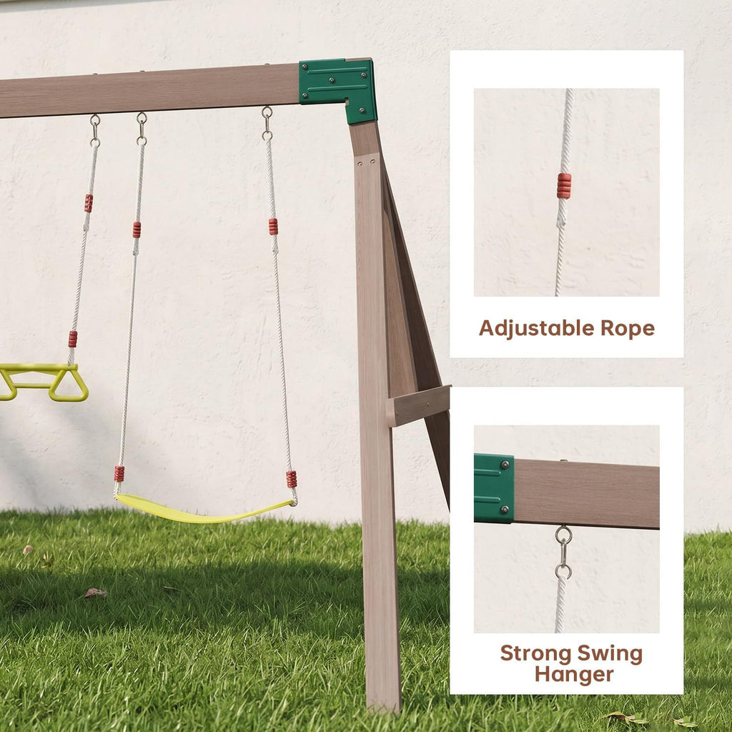 Wooden Swing Sets for Backyard - Outdoor Playset | 7 FT Wave Slide, 3 Swings, Play Kitchen, Toy Telescope, Steering