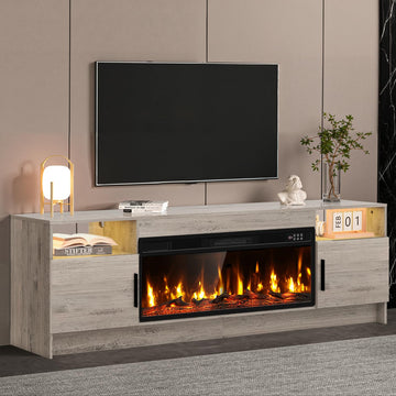 Oak Grey Fireplace TV Stand, Led Lights & Storage Cabinet