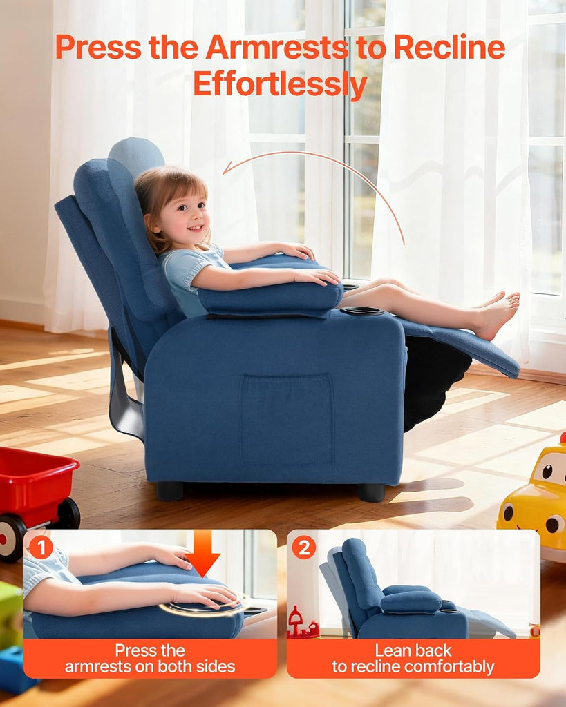 Kids Recliner Chair, Toddler Lounger with Cup Holders & Pockets, 107° to 126° Adjustable Back, Breathable Polyester