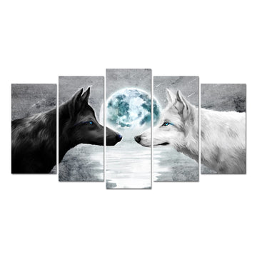 5 Pieces Black and White Wolves Painting Grey Blue Full Moon Seascape Picture Canvas Prints Gallery Wrapped Artwork
