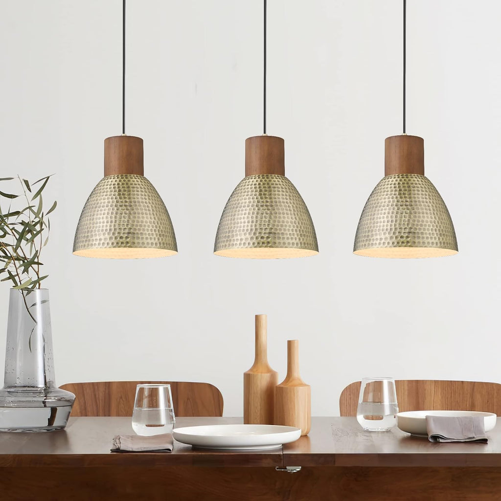 Hammered Pendant Lights for Kitchen Island, 7" Small Solid Wood Vintage Metal Hanging Light Fixture Adjustable Height