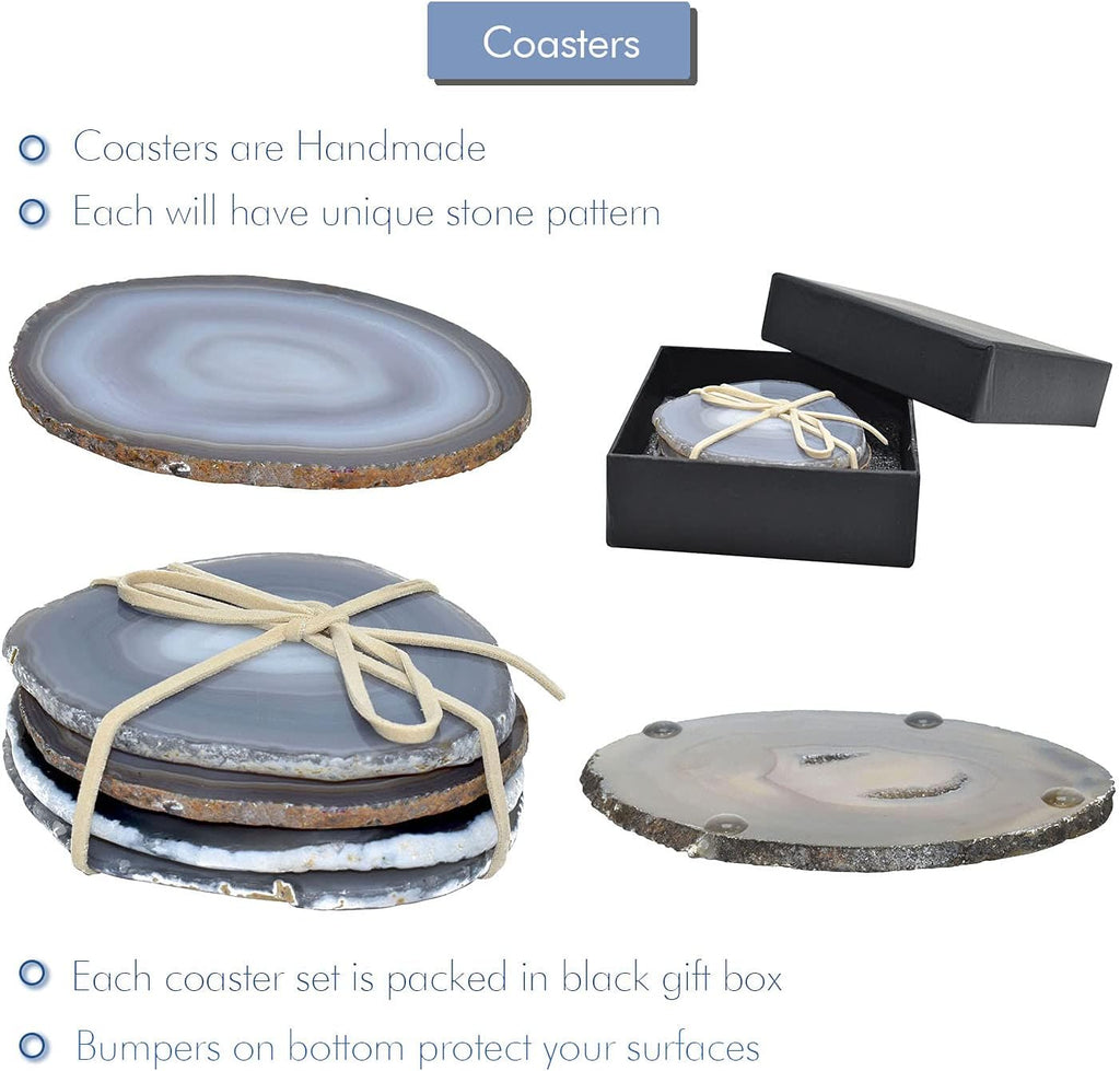 Natural Agate Stone Coasters Polished Geode Drink Mats for Dining & Coffee Table & Kitchen Decor No Dye - Set of 4