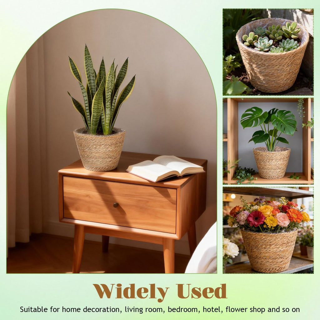 2Pcs Woven Plant Baskets with Liners Round Rattan Seagrass Planter