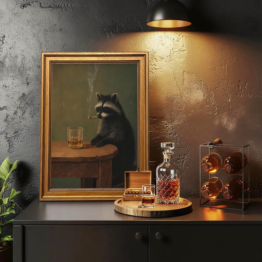 Vintage Gold Framed Whimsical Raccoon Wall Art, Funny Dark Academia Raccoon Pictures Wall Decor, Moody Cool Animal