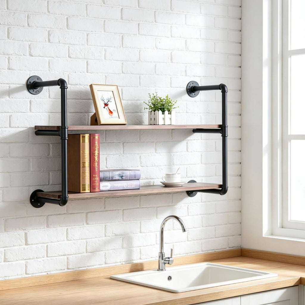 Industrial Pipe Shelves With Wood Planks, Rustic Pipe Shelving Wall Shelf