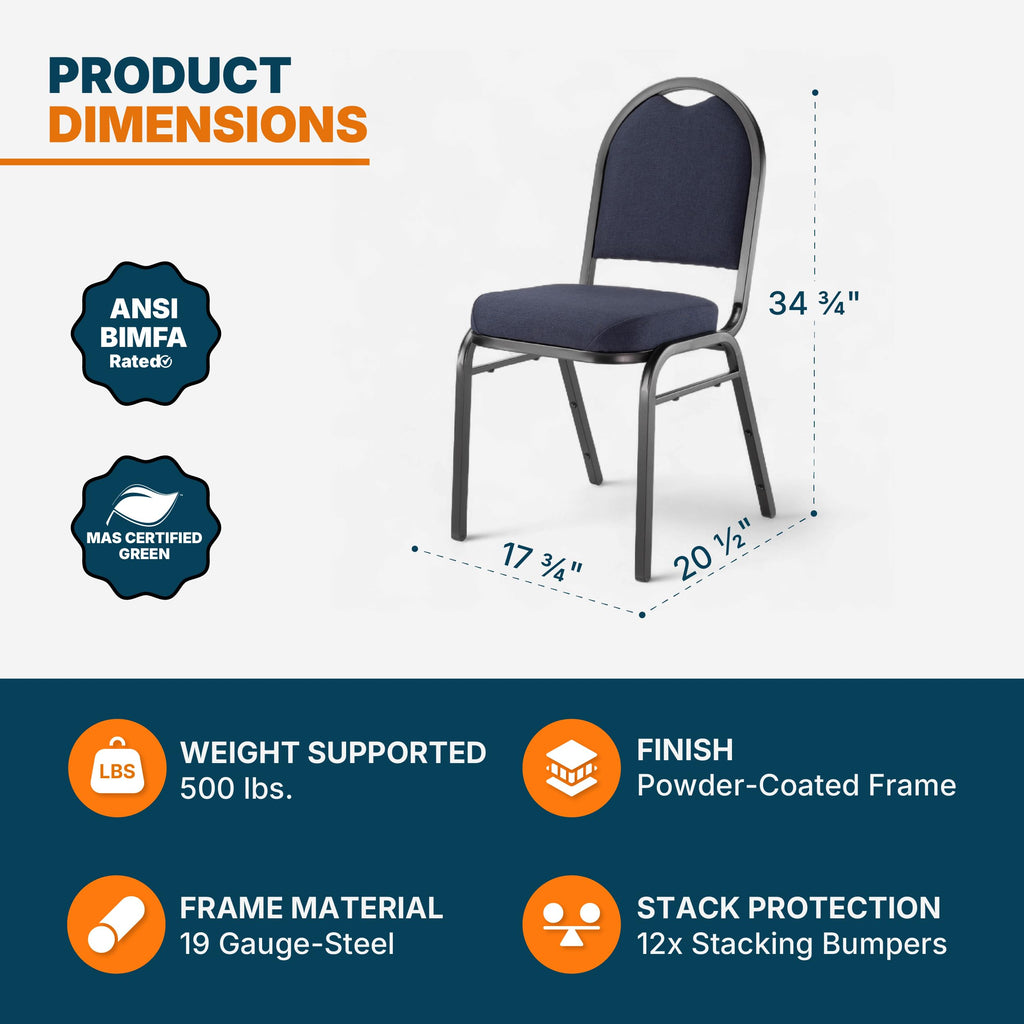 2 Commercial-Grade Dome Back Banquet Stack Chair (Blue Fabric, Black Powder-Coated Frame, 2-Pack)