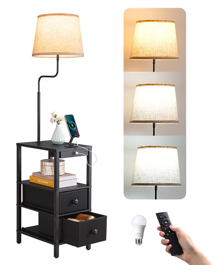 Floor Lamp with Table, Dimmable USB-A+Type-C Ports, Remote, Black