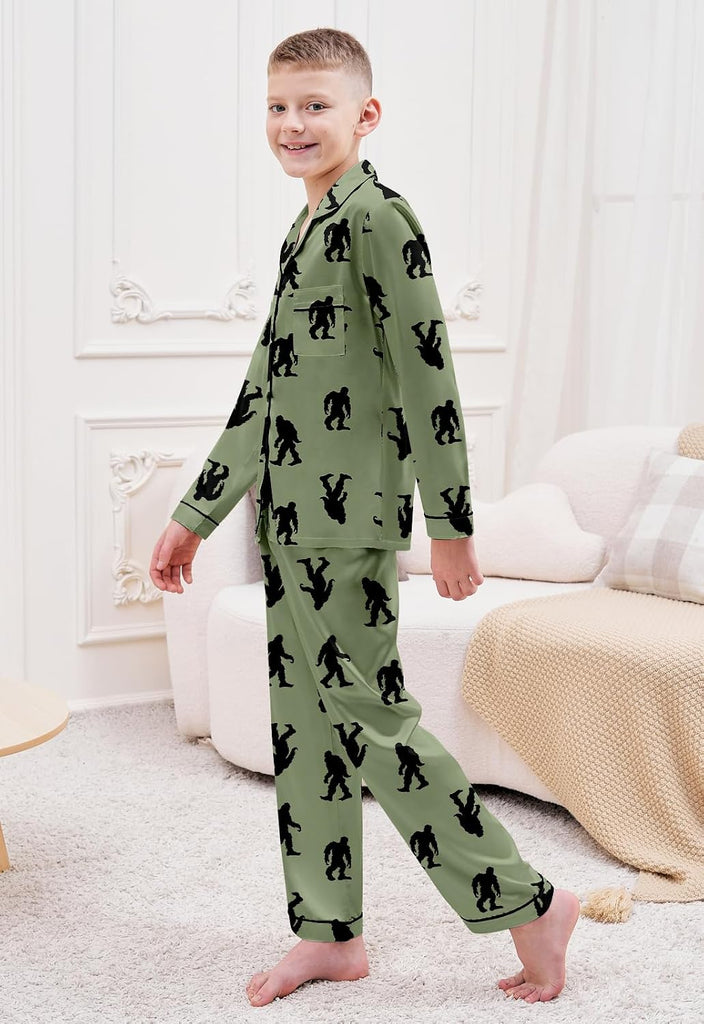 Boys Silk Pajamas Set Long Sleeve 2 Piece Sleepwear Button-Down Nightwear
