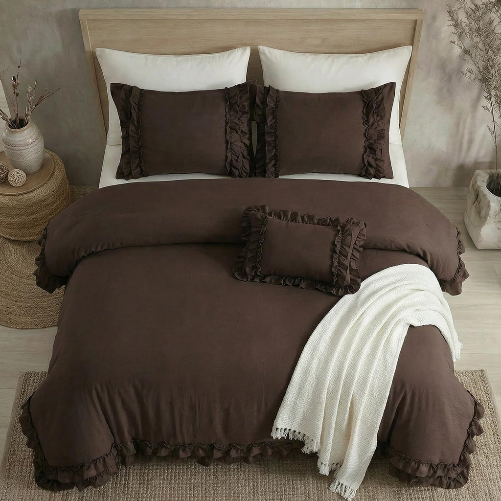 Dark Brown Duvet Cover Set Elegant Ruffled Bedding Queen Shabby Chic Lace Ruffle Boho Bedroom Decor Vintage Boho