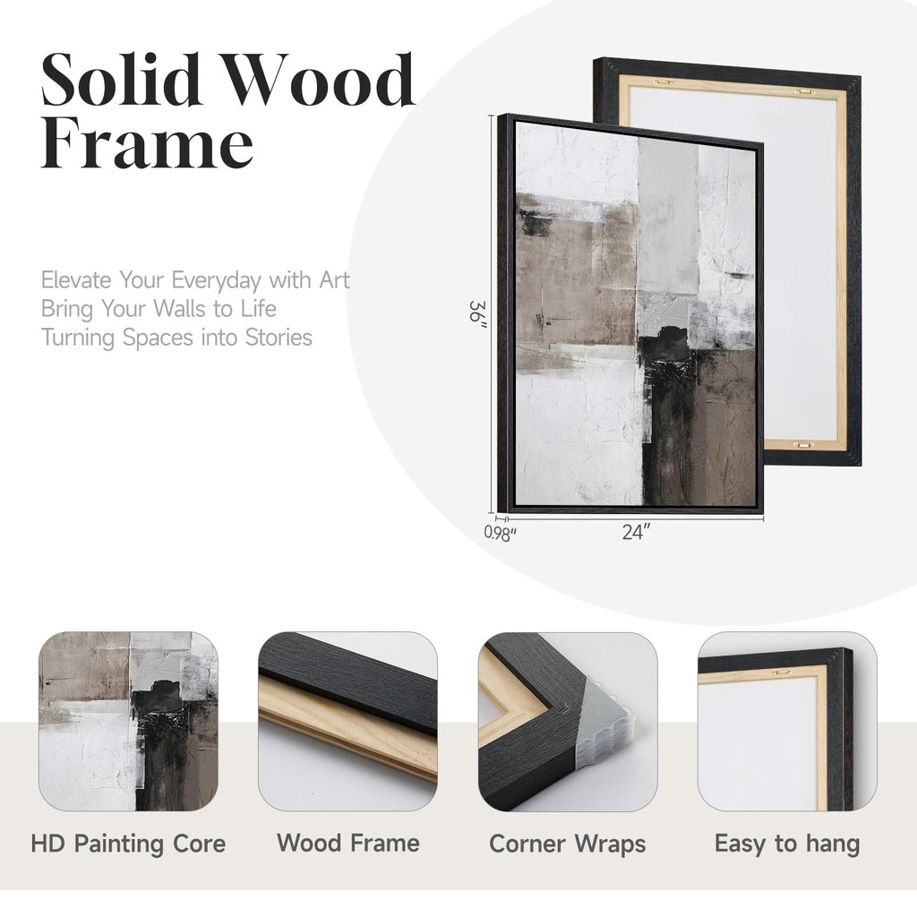 Framed Abstract Black and White Brown Wall Art, 24x36 Inch
