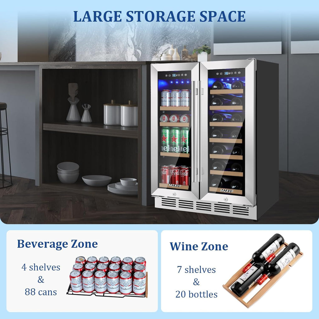 24 Inch Wine and Beverage Refrigerator, Dual Zone Beverage Cooler with Glass Doo