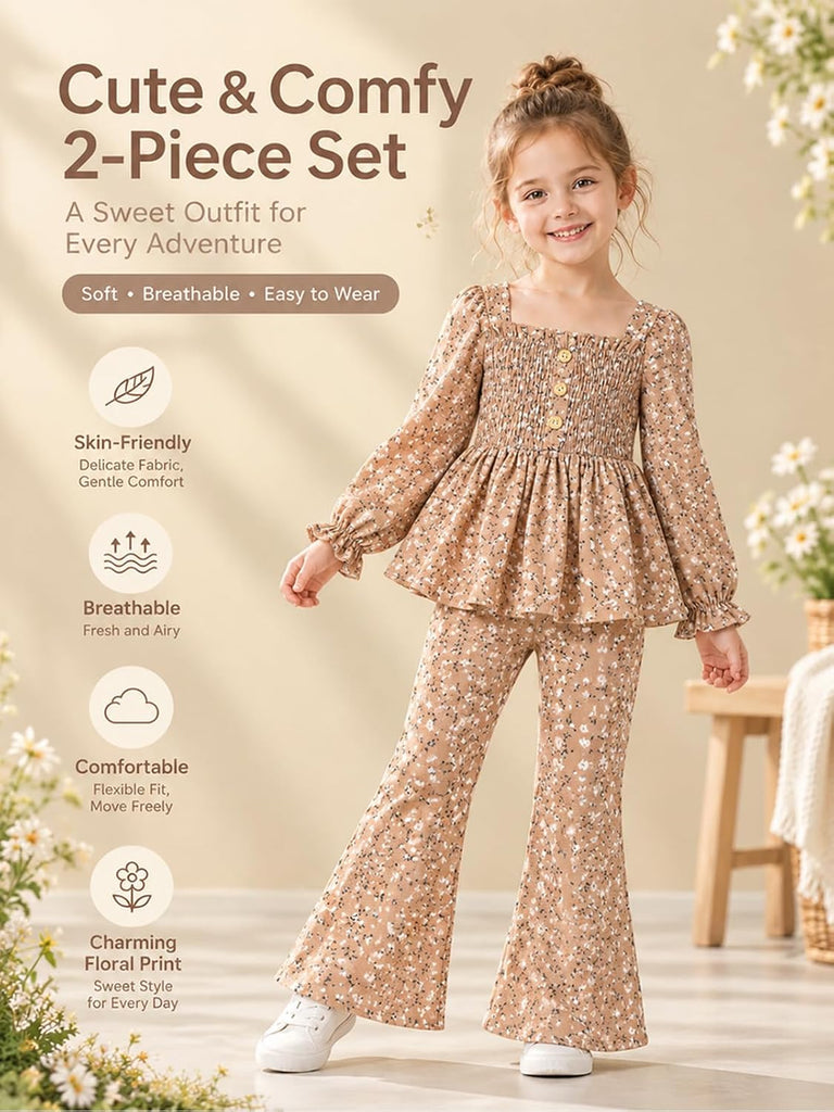 Toddler Girl Outfits Smocked Peplum Top with Kick Flare Pants