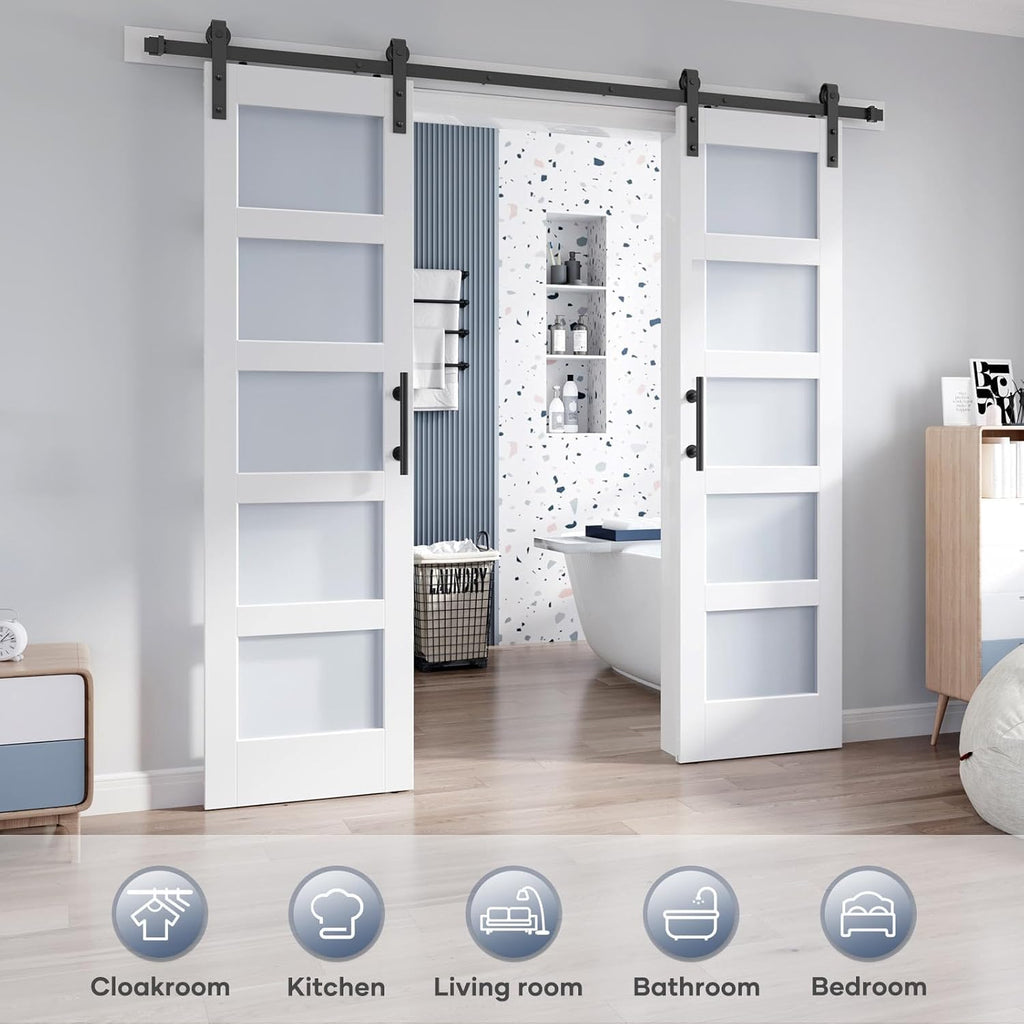 Double 24×84 Inch Glass Barn Door Slab and 8ft Hardware Kit Included, 5 Frosted Glass, LVL Wood Pane