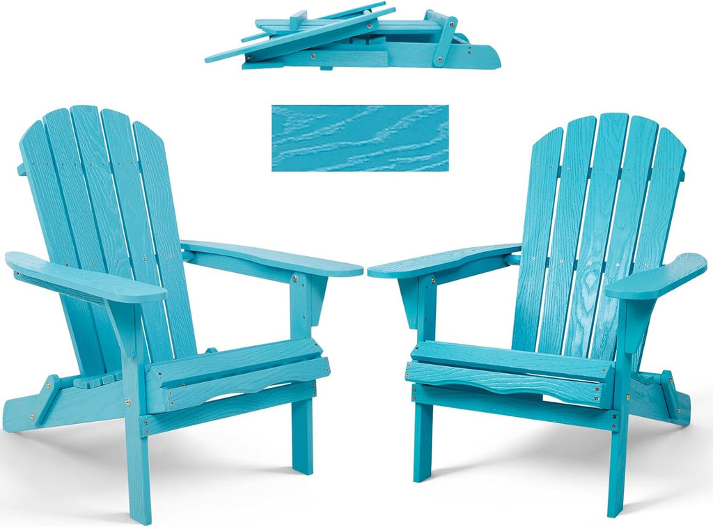 Adirondack Chair Set of 2, Solid Wood Outdoor Folding Embossed Adirondack Chairs Oversized Wooden Lounge Patio Chair