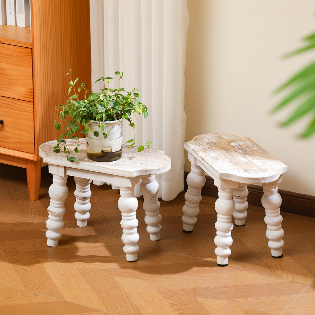 2 Pack Wooden Foot Stool Vintage Farmhouse Small Plant Stand
