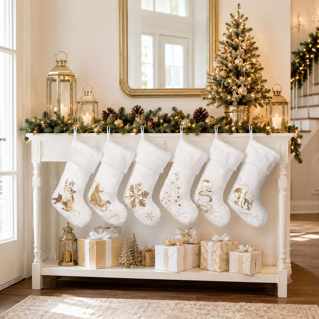 Large White Velvet Christmas Stockings Set of 6 with Gold Embroidery