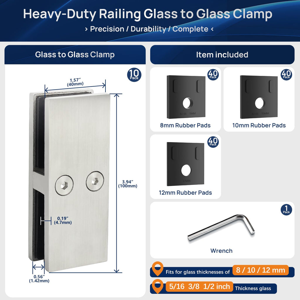 10 Pack 180° Railing Glass to Glass Clamp 304 Stainless Steel