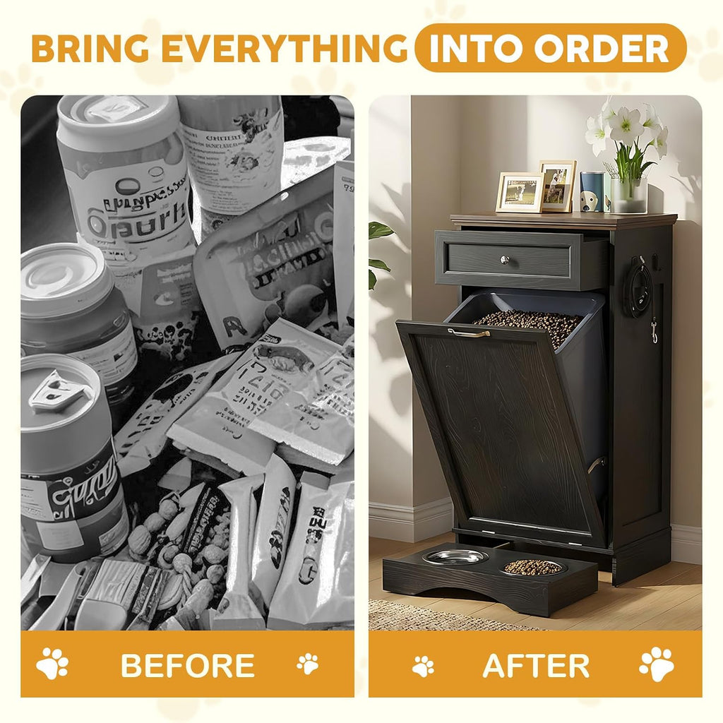21''W Dog Feeding Station with Storage, Tilt Out Dog Food Cabinet with Drawer, 2 Feeding Bowls, Pet Food Storage, Cat