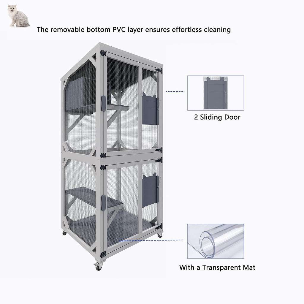 71.2 Inch Tall Wheeled Catio, Outdoor Wooden Cat Enclosure with 4 Doors