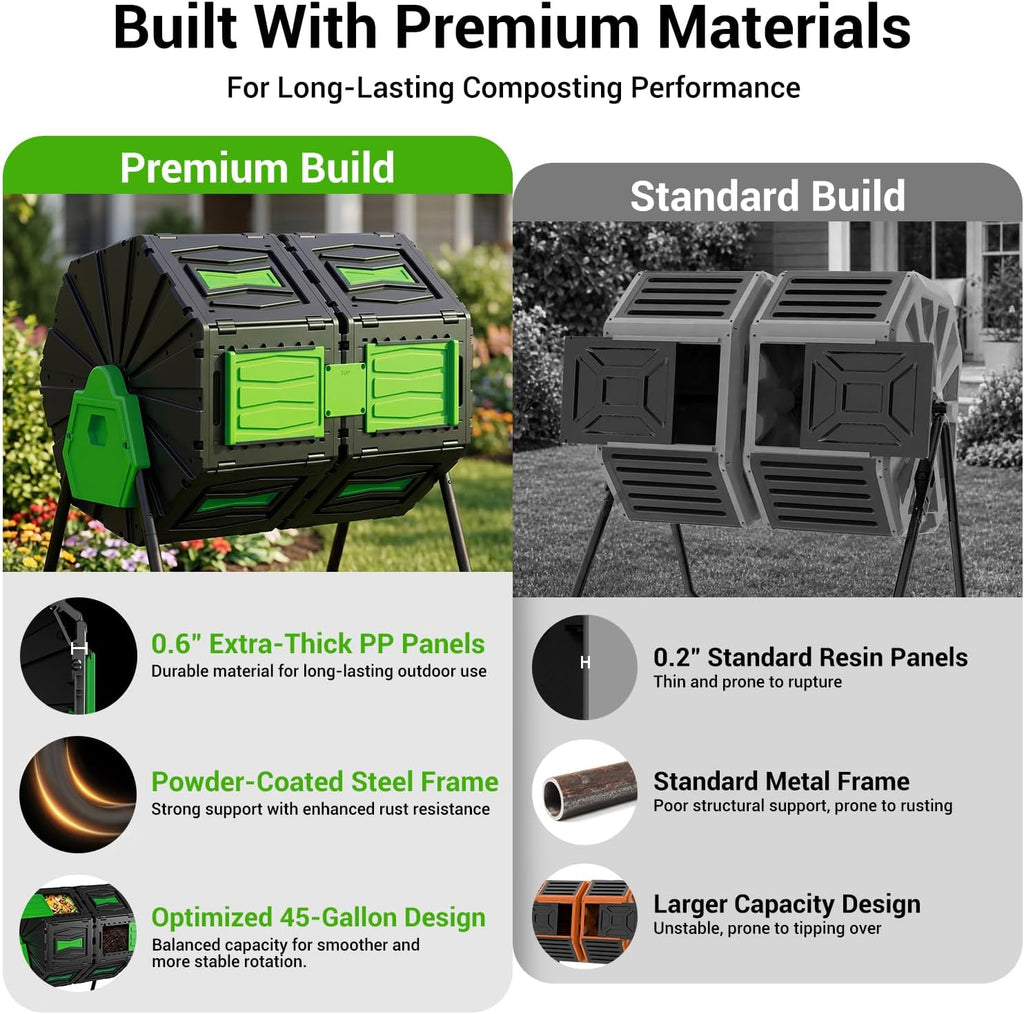 Compost Tumbler, Easy Assemble & Efficient Outdoor Compost Bin, 45 Gallon/170 Liter Large Dual Chamber Rotating
