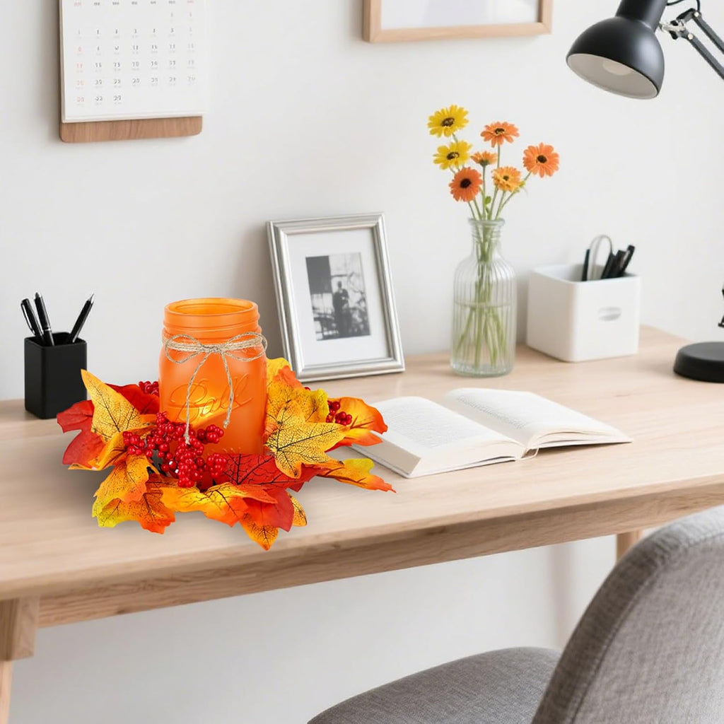 Fall Mason Jar Centerpieces for Tables - Thanksgiving Table Decorations with Autumn Leaves & Berries, Autumn Candle - Set of 3