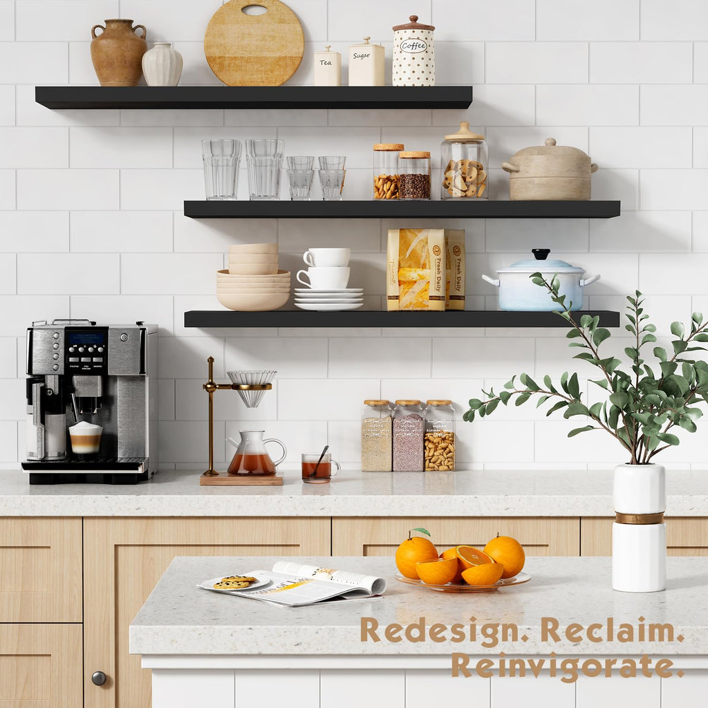 Large Floating Shelves for Wall 36 Inches Long 8 Inch Deep, Black Wall Shelves Bedroom, Heavy Duty Wooden Floating