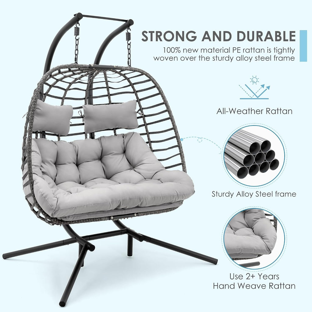 Double with Stand, Large Hand-Woven Wicker Rattan Hanging Egg Chair for 2 People, Porch Hammock Swing Loveseat with