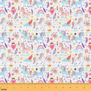 Unicorn Fabric By The Yard, Cartoon Rainbow Upholstery Fabric, Kawaii Love