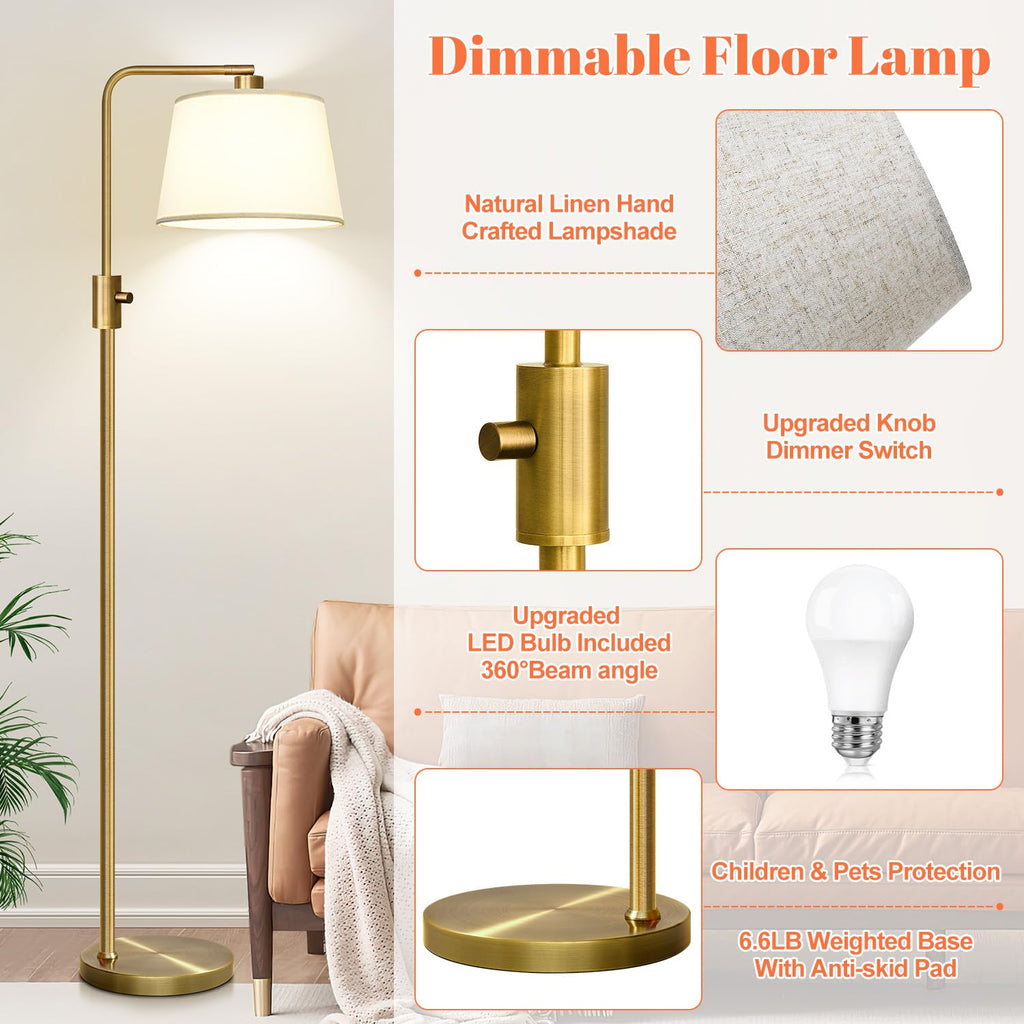 Dimmable Floor Lamp, 1000 LM LED Edison Bulb Included, Arc Floor Lamps Modern Standing Lamp Tall Lamps Bedroom-Brass
