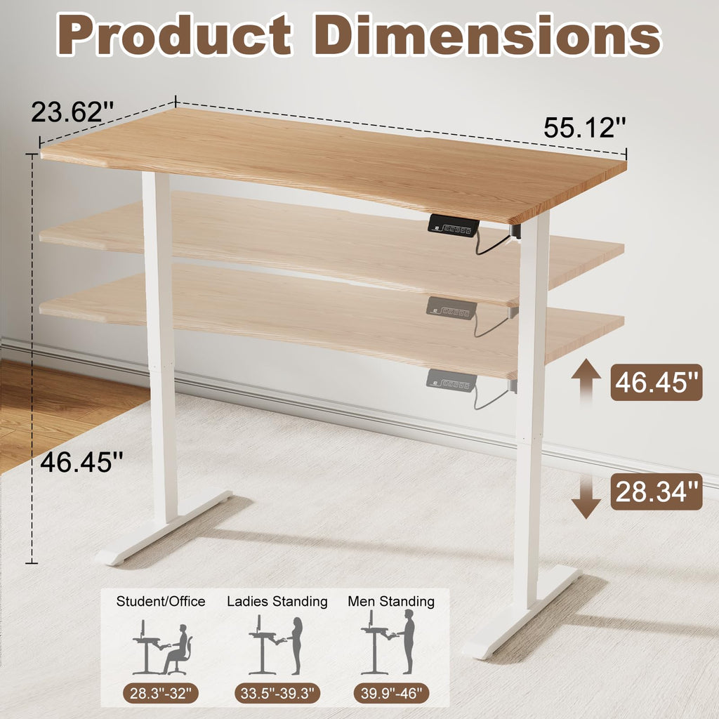 Solid Wood Electric Standing Desk, 55"x23.6" Oak Standing Desk