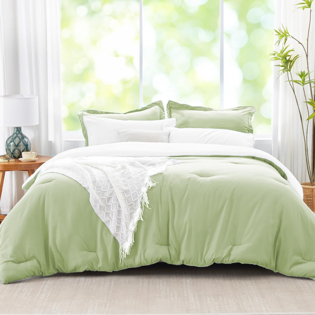 Queen Comforter Set Light Green Bedding Set, 7 Pieces Soft Bed in a Bag with Comforter, Sheets, Pillowcases & Shams