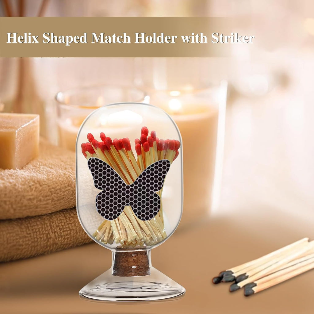 Glass Match Holder Jar with Striker, Decorative Glass Container for Matches Fireplace and Home Display (Simple)