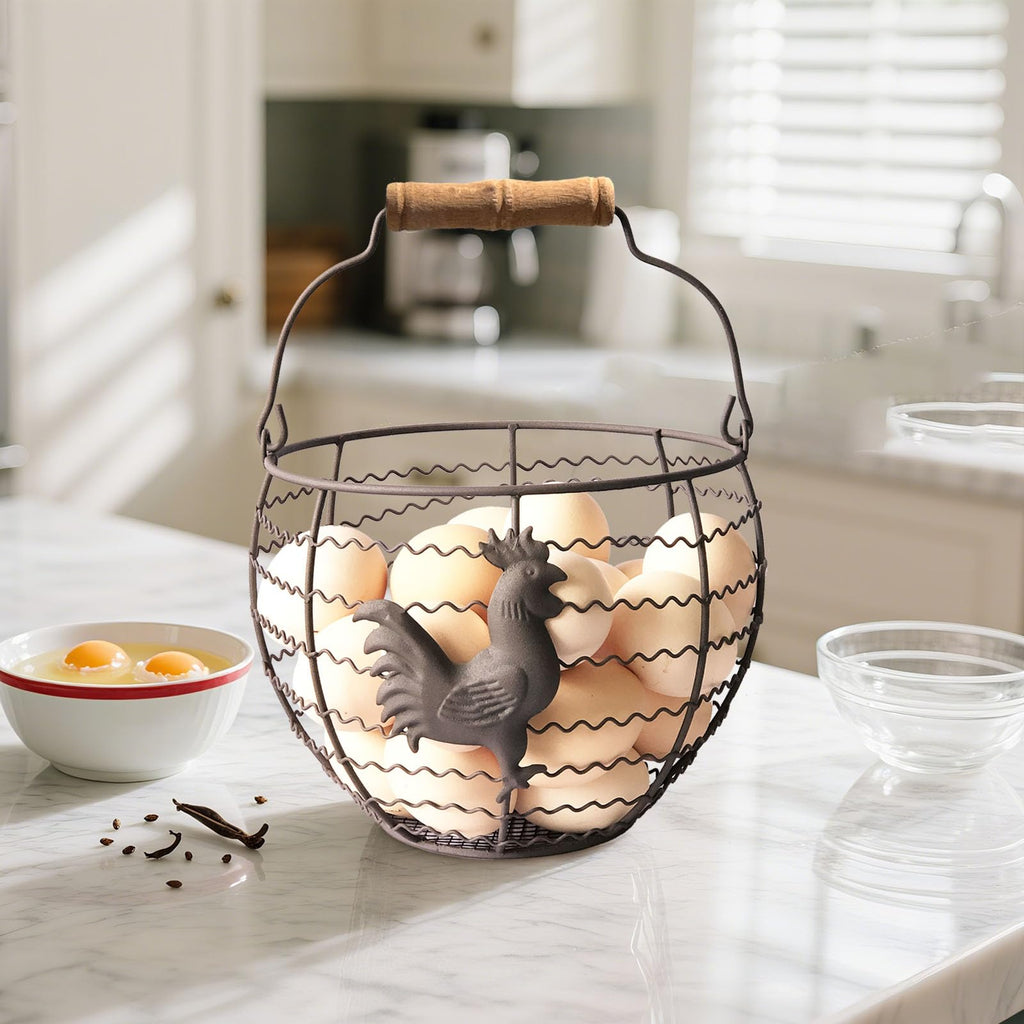 Wire Egg Basket for Gathering Fresh Eggs, Rustic with Rooster & Wood Handle