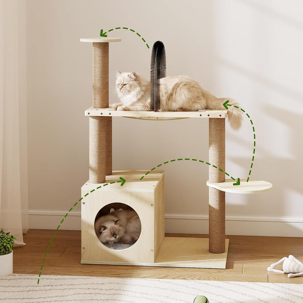 Wooden Cat Tree with Scratching Post, Modern Tower for Indoors Cats, Natural