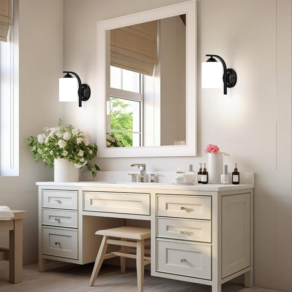 2-Pack Wall Sconces , Matte Black Farmhouse Wall Light Fixtures with Glass Shade, Modern Vanity Wall Lamps