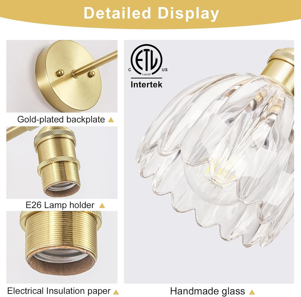 Hardwired wall sconces set of two, Gold Wall Lamp , ETL Listed | Clear Tulip Glass Shade, 90° Adjustable, Not Battery