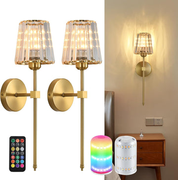 Battery Operated Crystal Wall Sconces Set of 2, Gold Wireless Wall Sconce with USB Rechargeable LED Light Bulbs 12