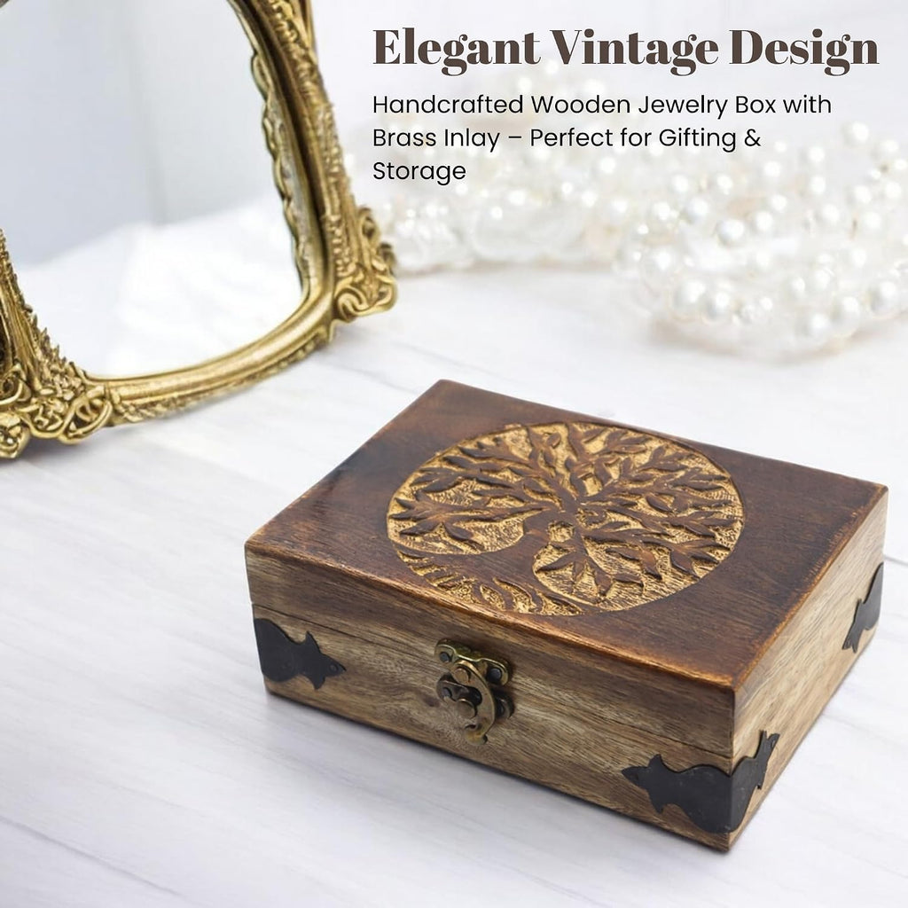 Handmade Wooden Jewelry Box with Tree of Life Engraving - Antique Handcarved Keepsake Organizer for Women & Men