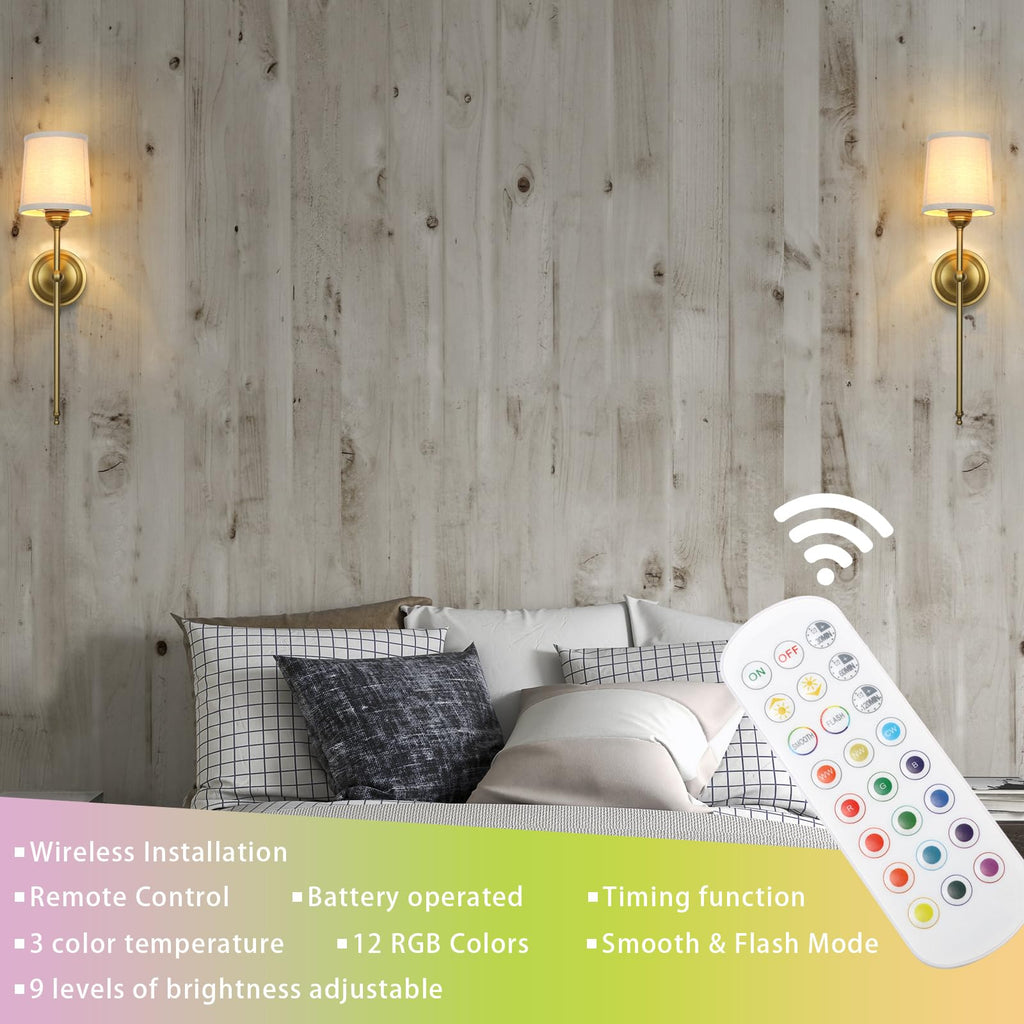 Battery Operated Sconces Wall Lighting Set of 2 with Fabric Shade
