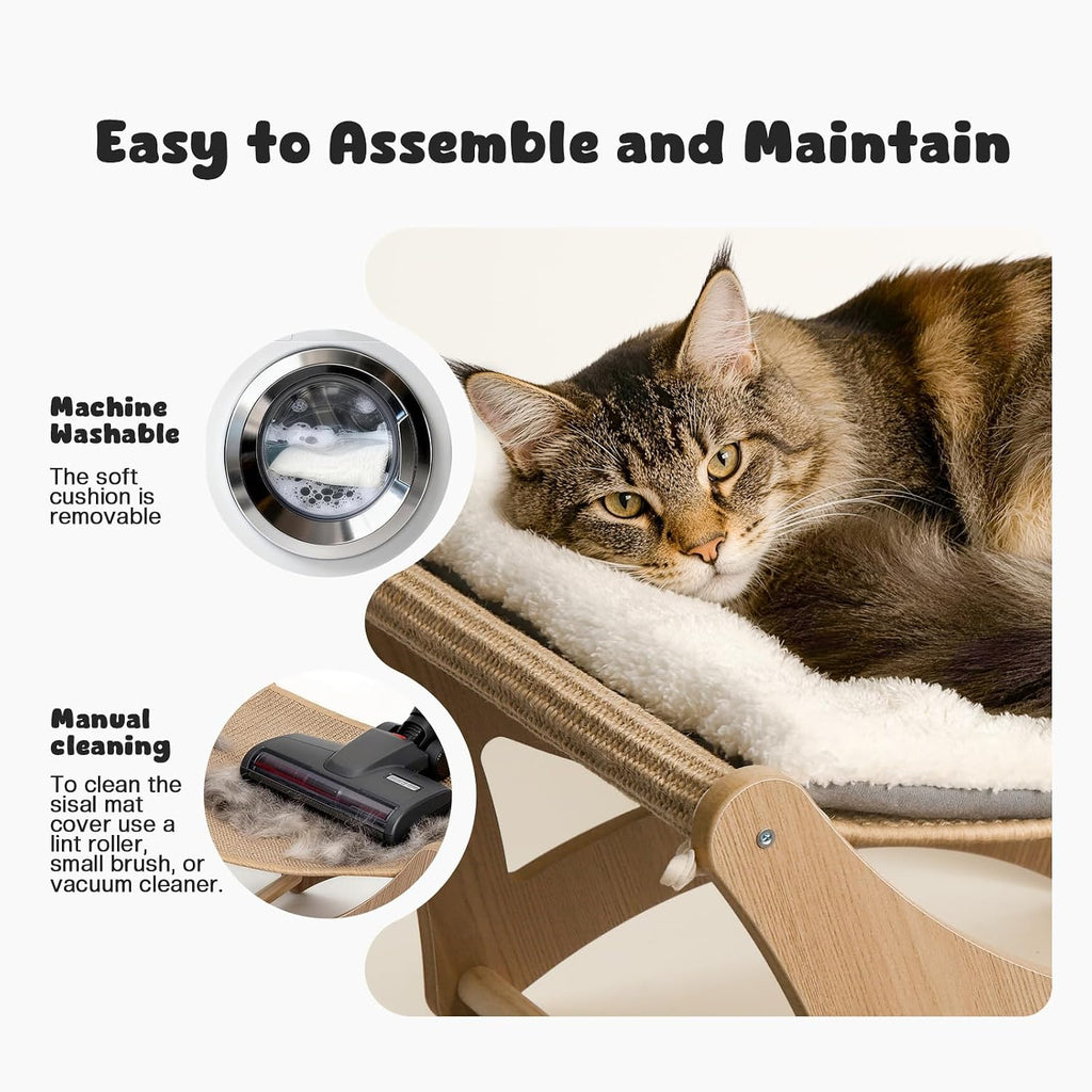 Cat Hammock Bed, Wooden Elevated Cat Beds with Natural Sisal Scratching Mat, Cats Scratcher Bed with Removable Soft