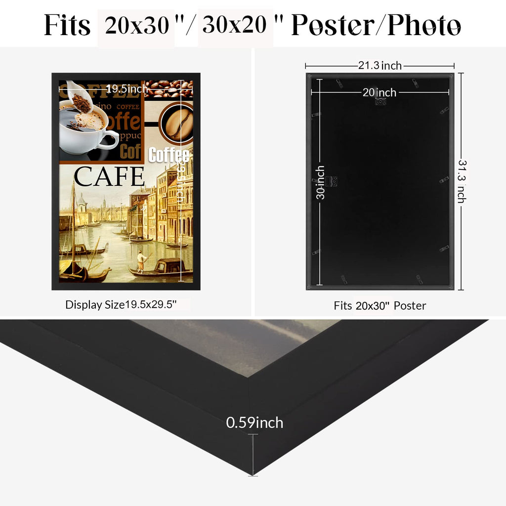 20x30 Frame Black, 30x20 Picture Poster Frame, Horizontal Vertical Hanging, Large 20 by 30 Wall Gallery Family