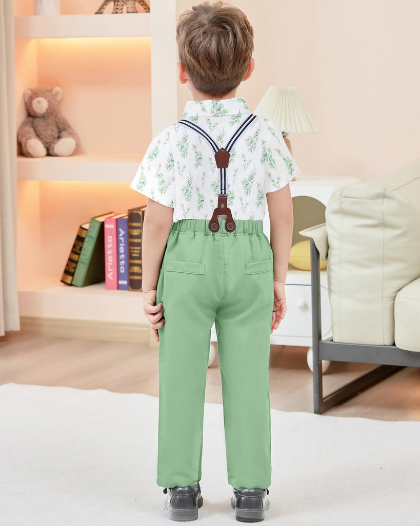Baby Boy Dress Clothes Set Printed Shirt Aqua Green Suspender Pants Outfits Toddler Boy 12-18