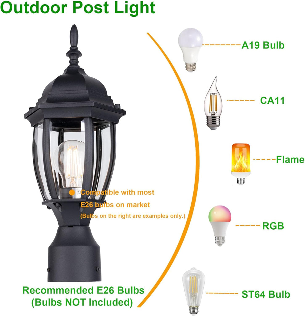 Outdoor Post Lighting Fixture Pole Lantern, 16'' Waterproof Aluminum Post Lamp with Clear Glass, E26 Socket
